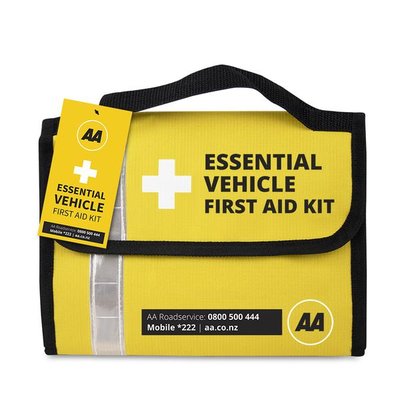 A yellow First Aid kit.