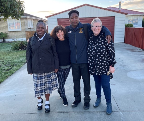 Nike and Nicarin on their first day of school with Olga Fuentes (Bilingual support teacher) and Jude Goodall (Refugee Support Volunteer) 