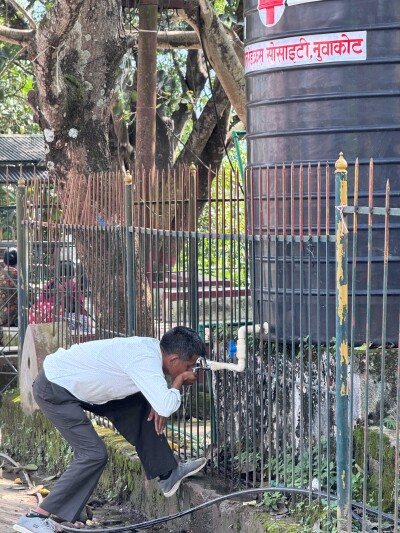 Pipe networks that distributed fresh water are gone. Nepal Red Cross has installed fresh water tanks for communities