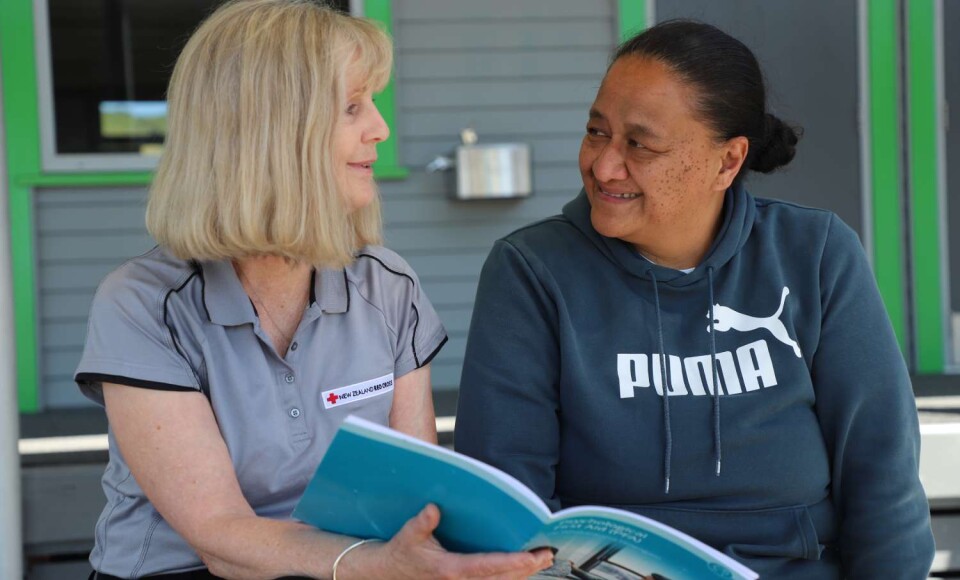 Psychosocial advisor Sarah Gribbin chats with Te Karaka Community Co Lead for Cyclone Recovery Pimia Wehi