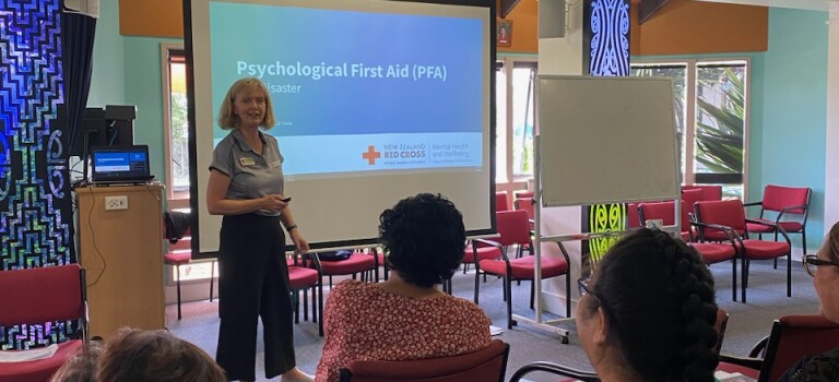 Sarah Gribbin running Psychological First Aid courses in Hastings after Cyclone Gabrielle