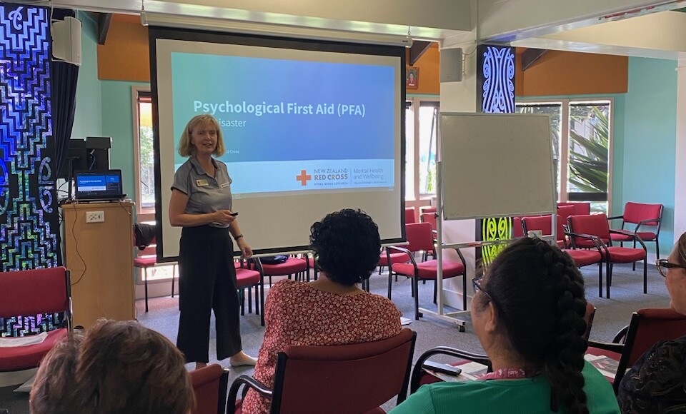 Sarah Gribbin running Psychological First Aid courses in Hastings after Cyclone Gabrielle