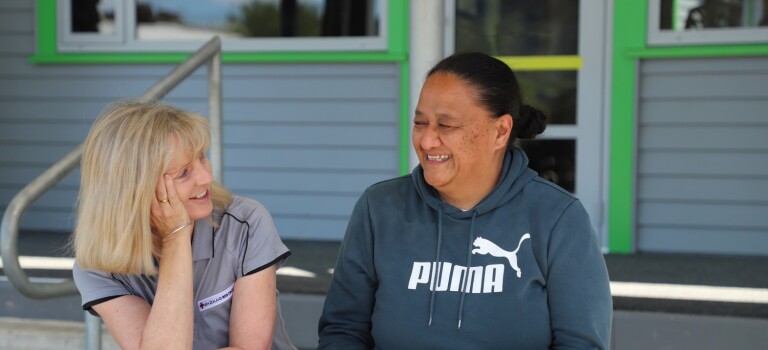 psychosocial advisor Sarah Gribbin chats with Te Karaka Community Co-Lead for Cyclone Recovery Pimia Wehi