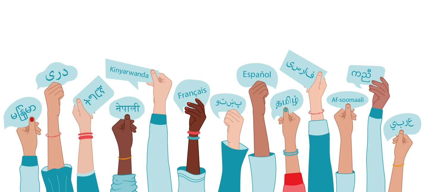 Illustration of hands holding language cards