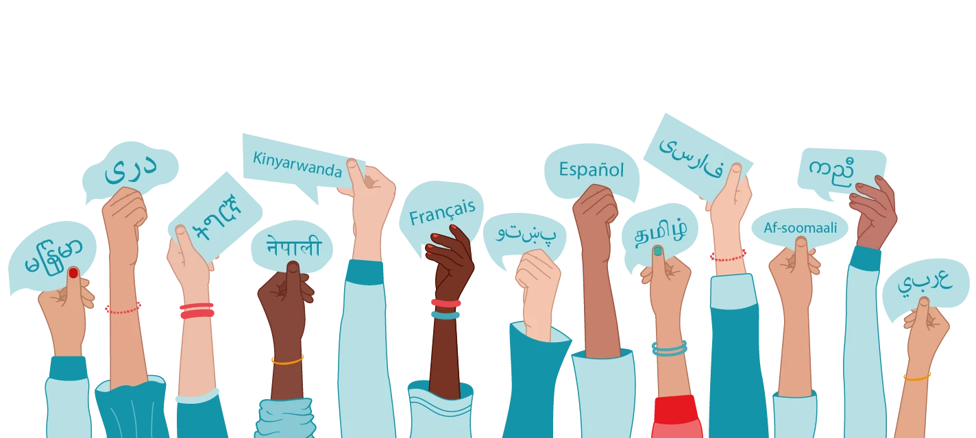 Illustration of hands holding language cards